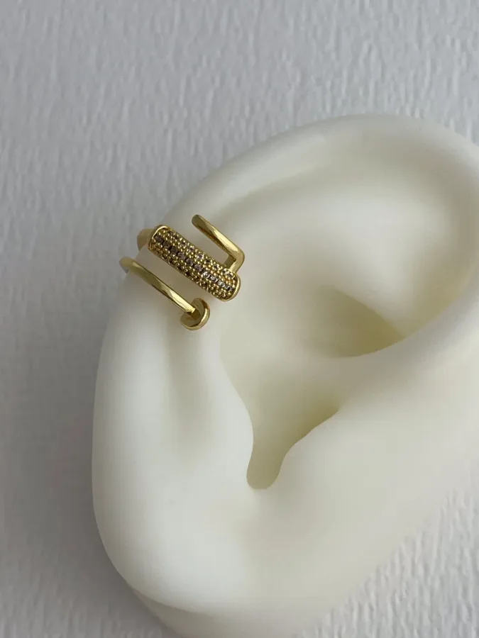Özel Seri Zirkon Taşlı Çivi Tasarım Gold Earcuff Küpe