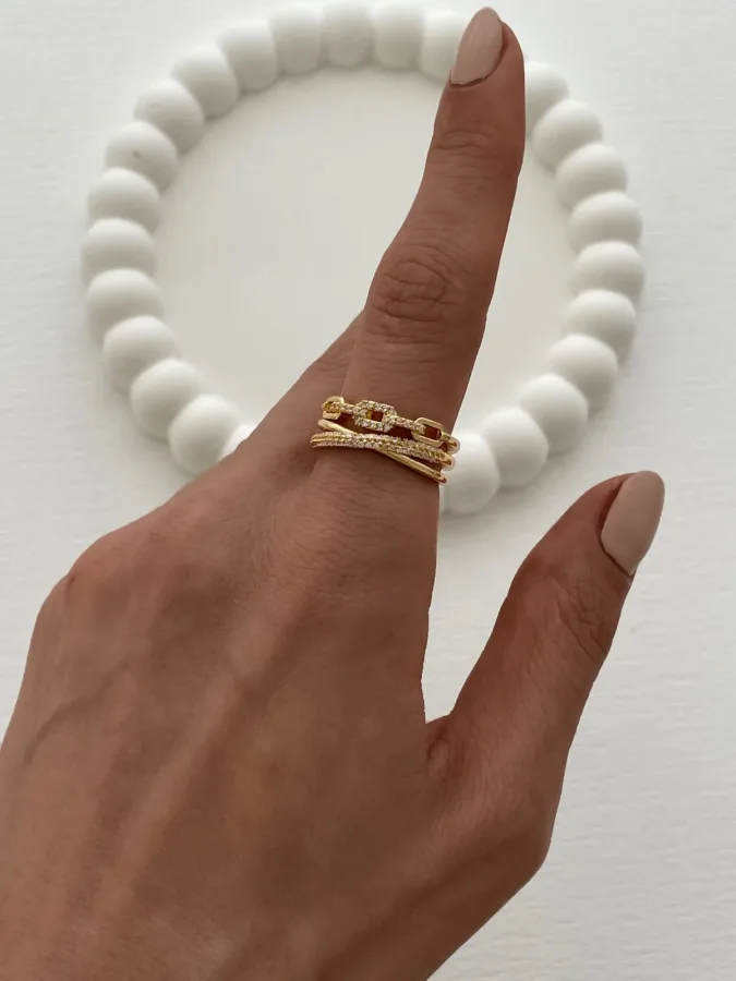 Özel Seri Zirkon Taşlı Çapraz Zincir Tasarım Ayarlanabilir Gold Yüzük