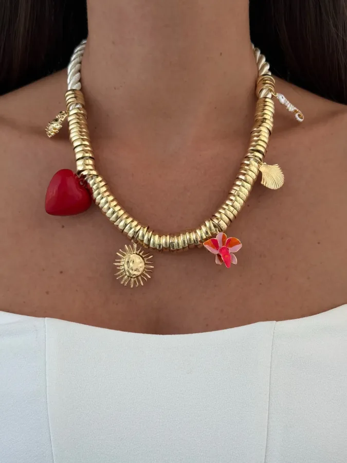 Özel Seri Charm Detay İp Tasarım Gold Kolye