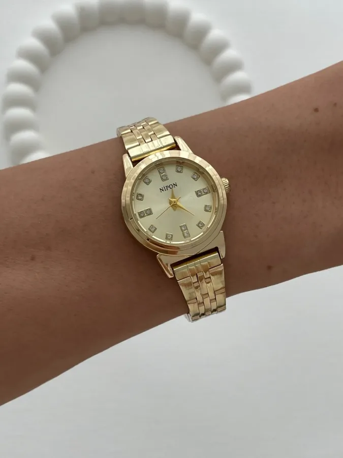 Yuvarlak Tasarım Zirkon Taşlı Kadranı Sarı Gold Vintage Saat