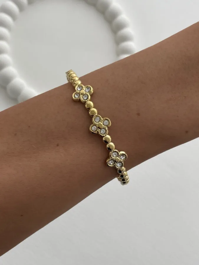 Çelik Zirkon Taşlı Yonca Model Gold Bileklik