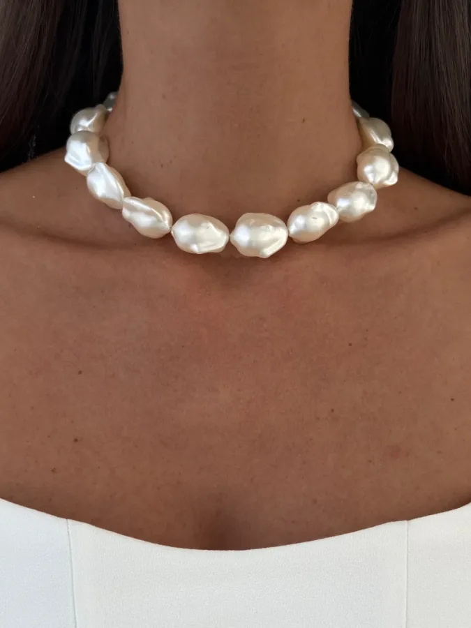 Özel Seri Büyük Barok İncili Gold Choker Kolye
